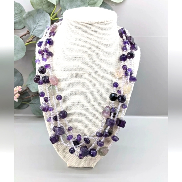 Vintage Jewelry - Amethyst 925 STERLING SILVER Cluster Multi Strand BIB Purple Necklace 18" TESTED